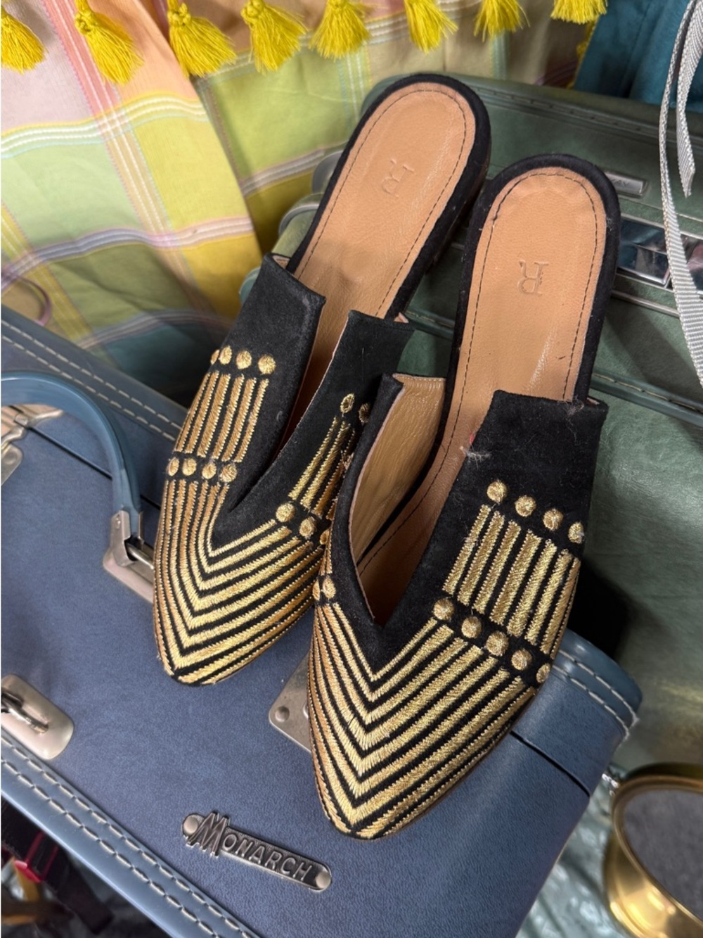 Black and Gold Embroidered Slip-On Mules